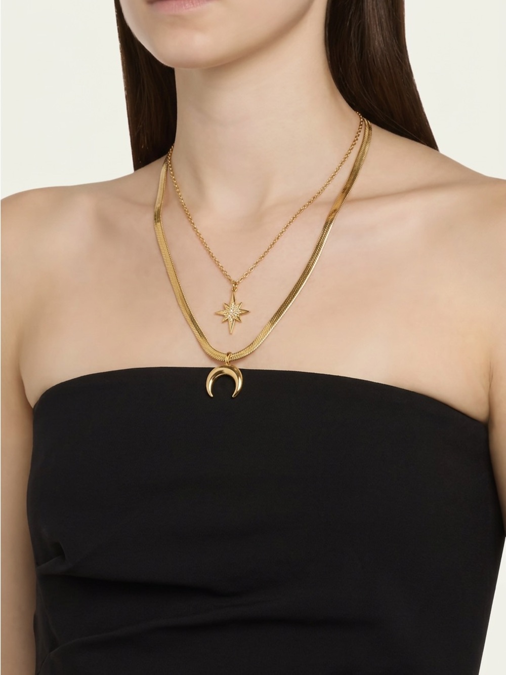 Gold Layered Crescent & Star Pendant Necklace - Women